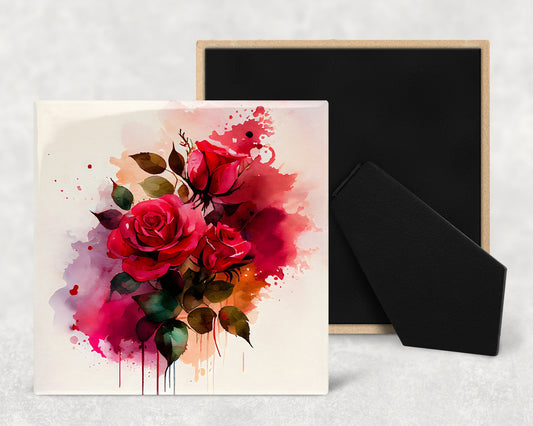 Rose Bouquet Art Decorative Ceramic Tile Set with Optional Easel Back - Available in 4 sizes - Set of 4