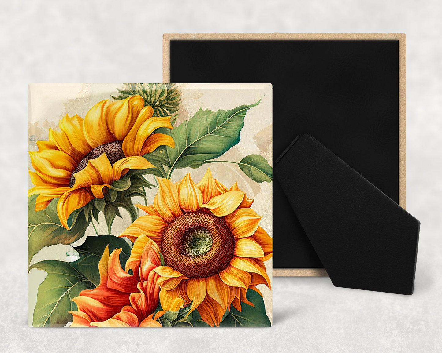 Sunflowers Art Decorative Ceramic Tile Set with Optional Easel Back - Available in 4 sizes - Set of 4