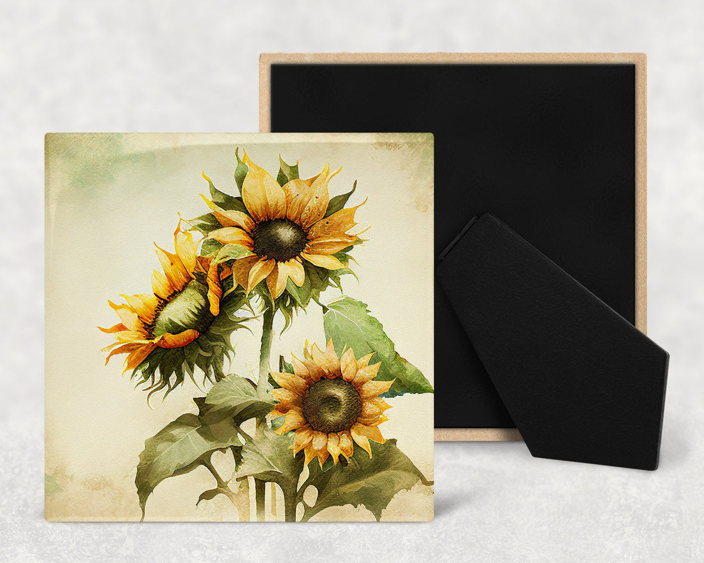 Sunflowers Art Decorative Ceramic Tile Set with Optional Easel Back - Available in 4 sizes - Set of 4