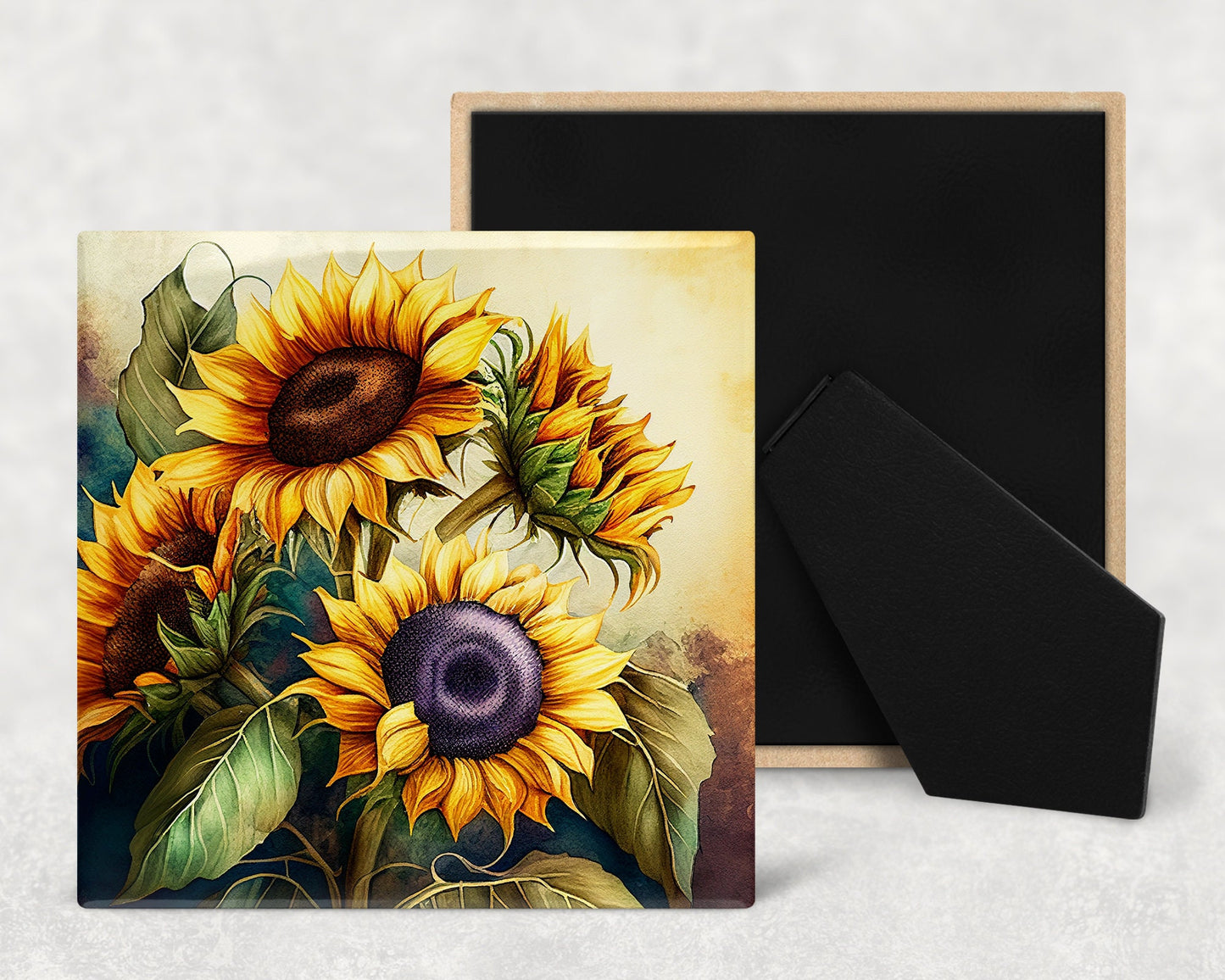 Sunflowers Art Decorative Ceramic Tile Set with Optional Easel Back - Available in 4 sizes - Set of 4