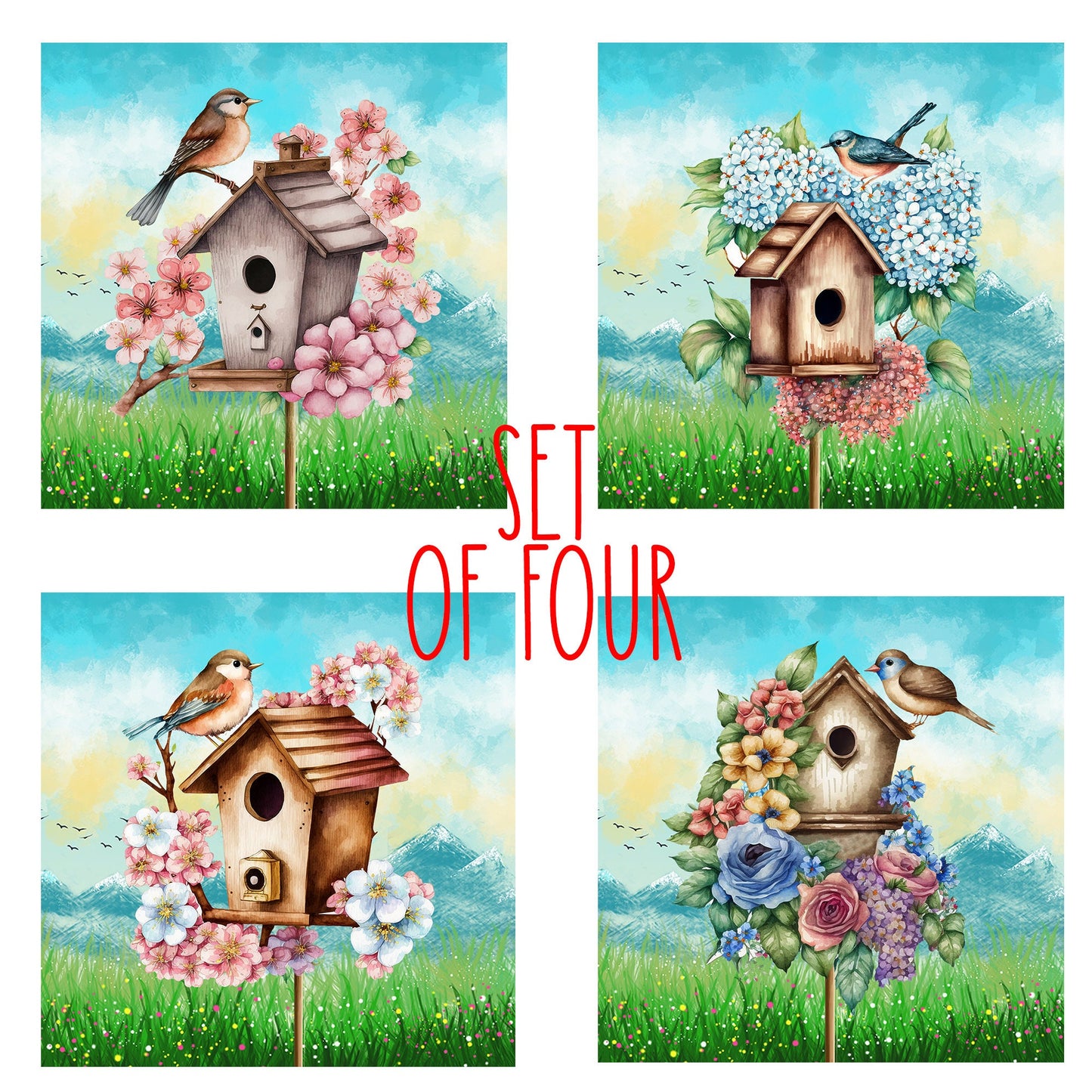 Birdhouses and Flowers Art Decorative Ceramic Tile Set with Optional Easel Back - Available in 4 sizes - Set of 4