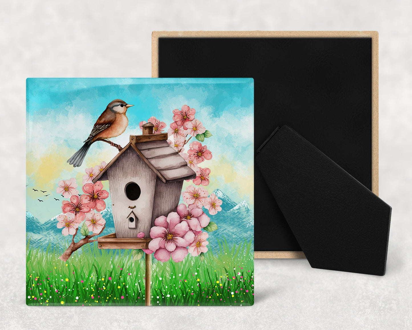Birdhouses and Flowers Art Decorative Ceramic Tile Set with Optional Easel Back - Available in 4 sizes - Set of 4