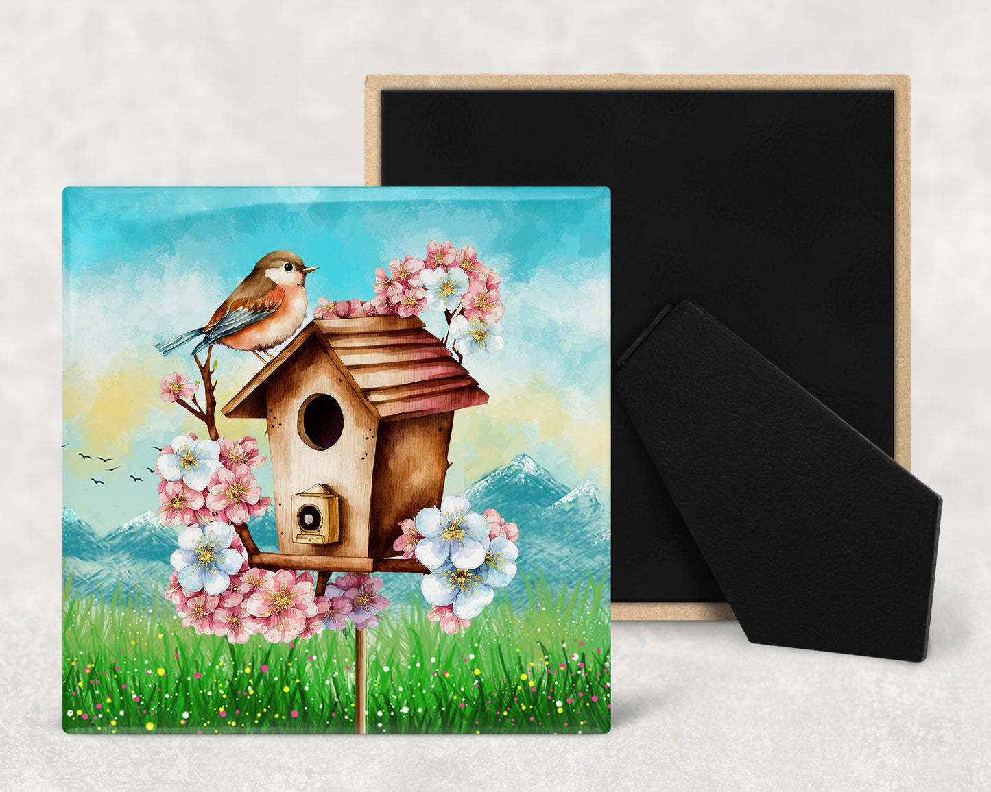 Birdhouses and Flowers Art Decorative Ceramic Tile Set with Optional Easel Back - Available in 4 sizes - Set of 4