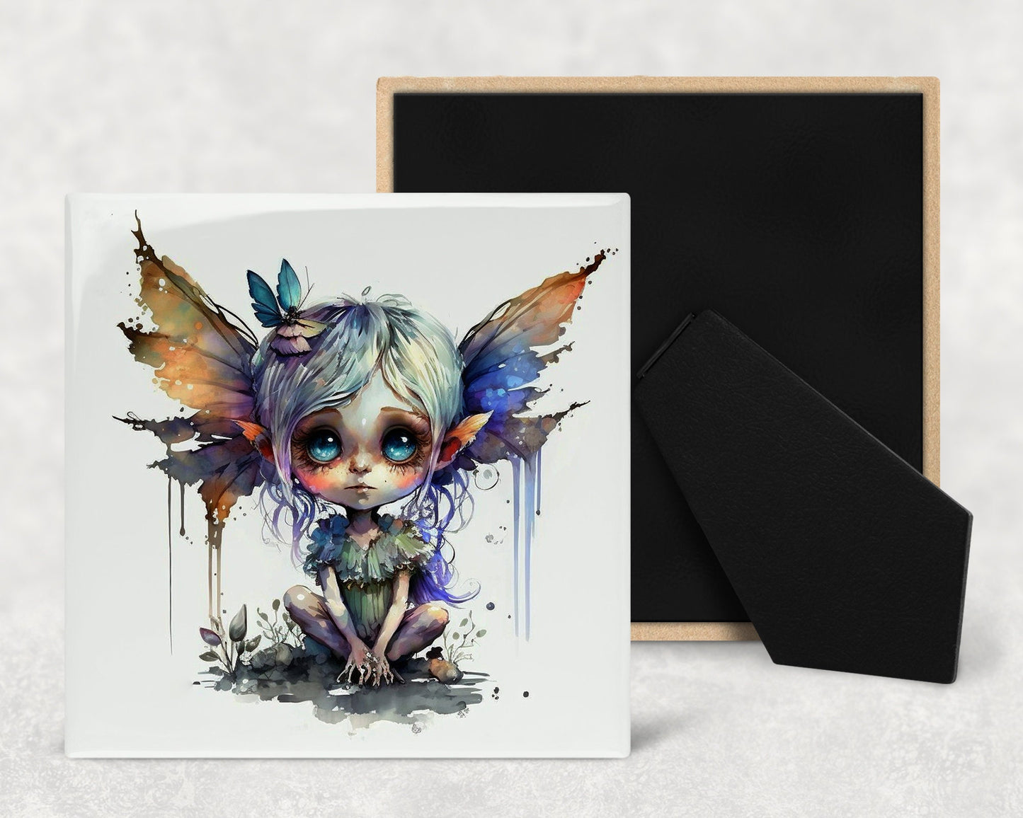 Cute Fae Art Decorative Ceramic Tile Set with Optional Easel Back - Available in 4 sizes - Set of 4