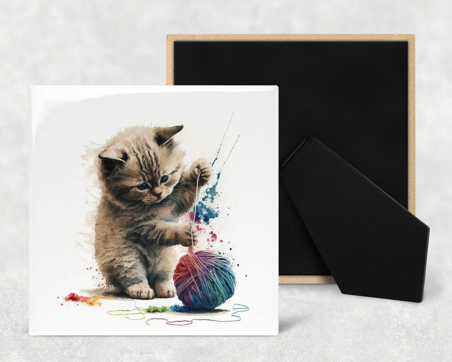 Cute Kitten with String Art Decorative Ceramic Tile Set with Optional Easel Back - Available in 4 sizes - Set of 4
