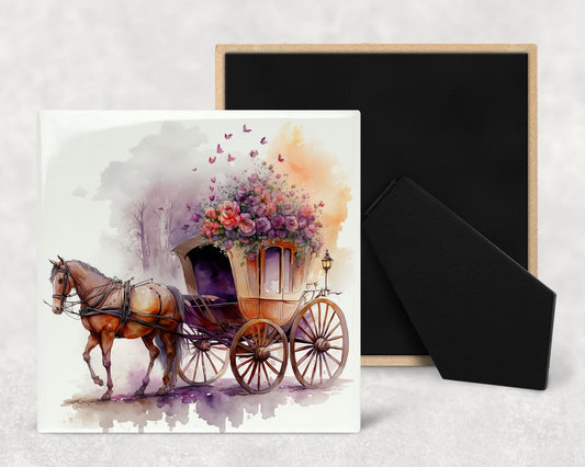 Floral Carriage Art Decorative Ceramic Tile Set with Optional Easel Back - Available in 4 sizes - Set of 4