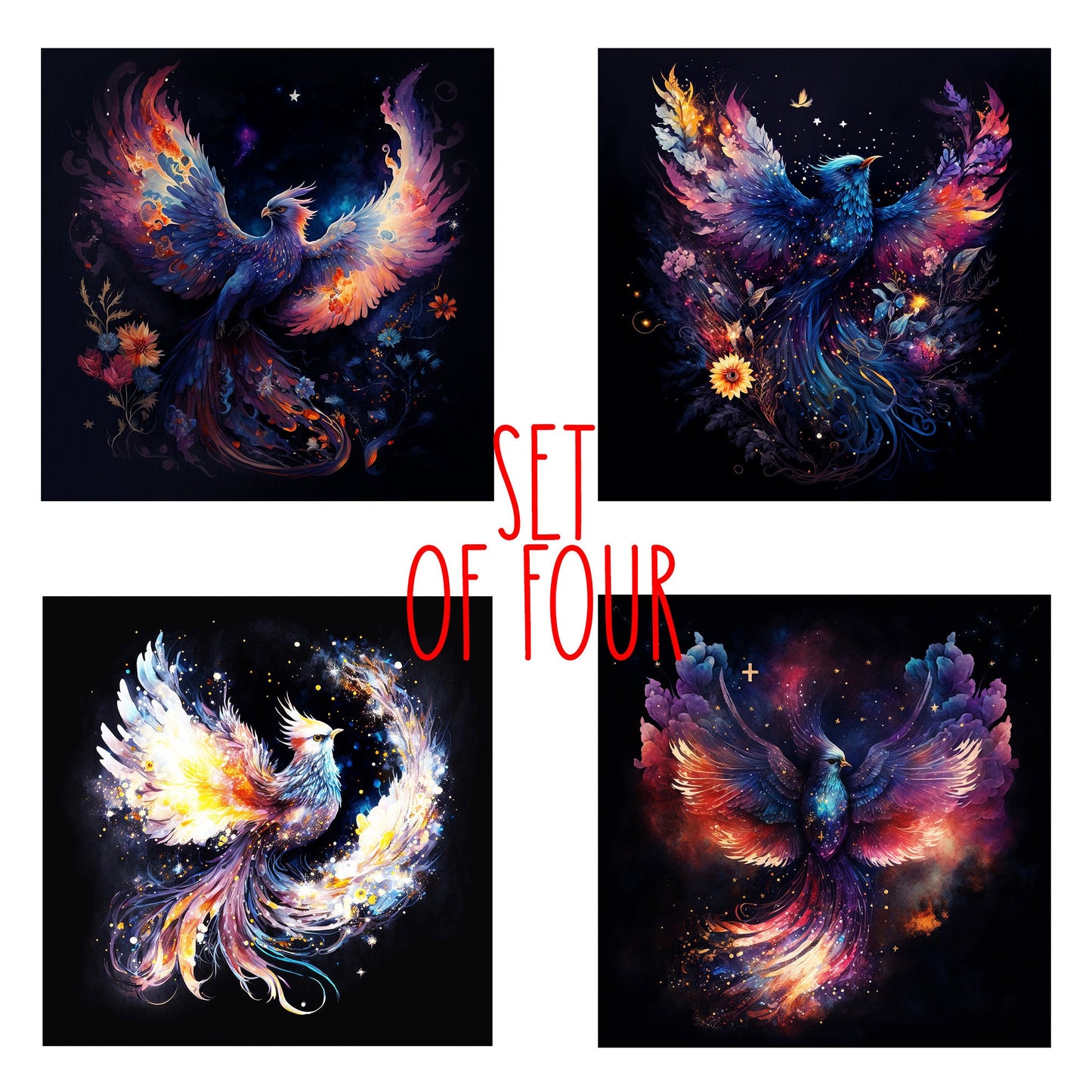 Phoenix Art Decorative Ceramic Tile Set with Optional Easel Back - Available in 4 sizes - Set of 4