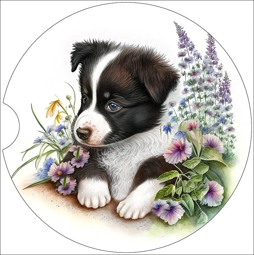 Border Collie Puppy Art Car Coasters - Matching Pair - Set of 2