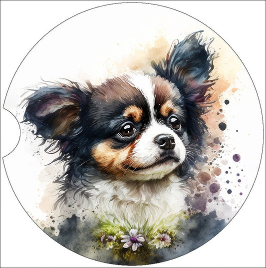 Watercolor Long Hair Chihuahua Puppy Art Car Coasters - Matching Pair - Set of 2