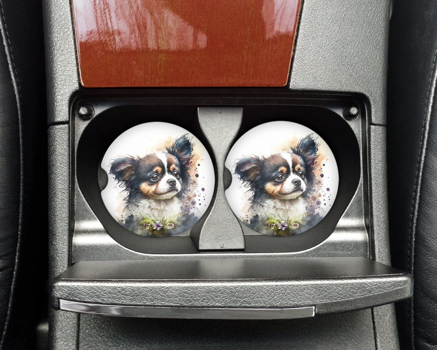 Watercolor Long Hair Chihuahua Puppy Art Car Coasters - Matching Pair - Set of 2