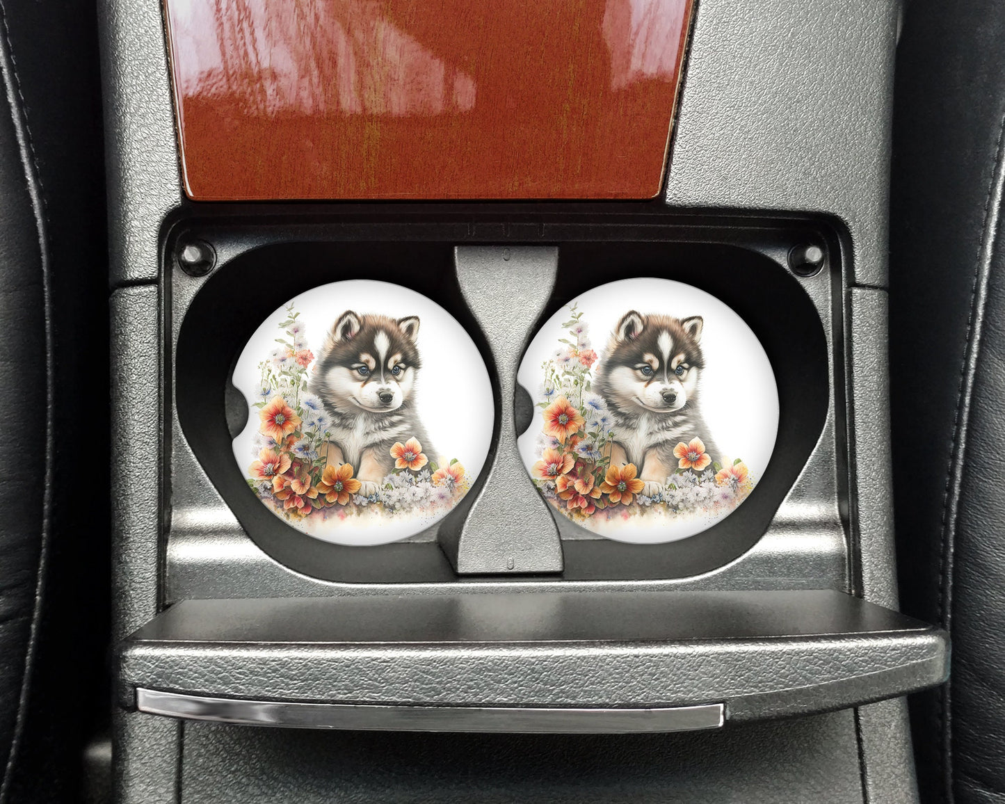 Watercolor Malamute Puppy Art Car Coasters - Matching Pair - Set of 2