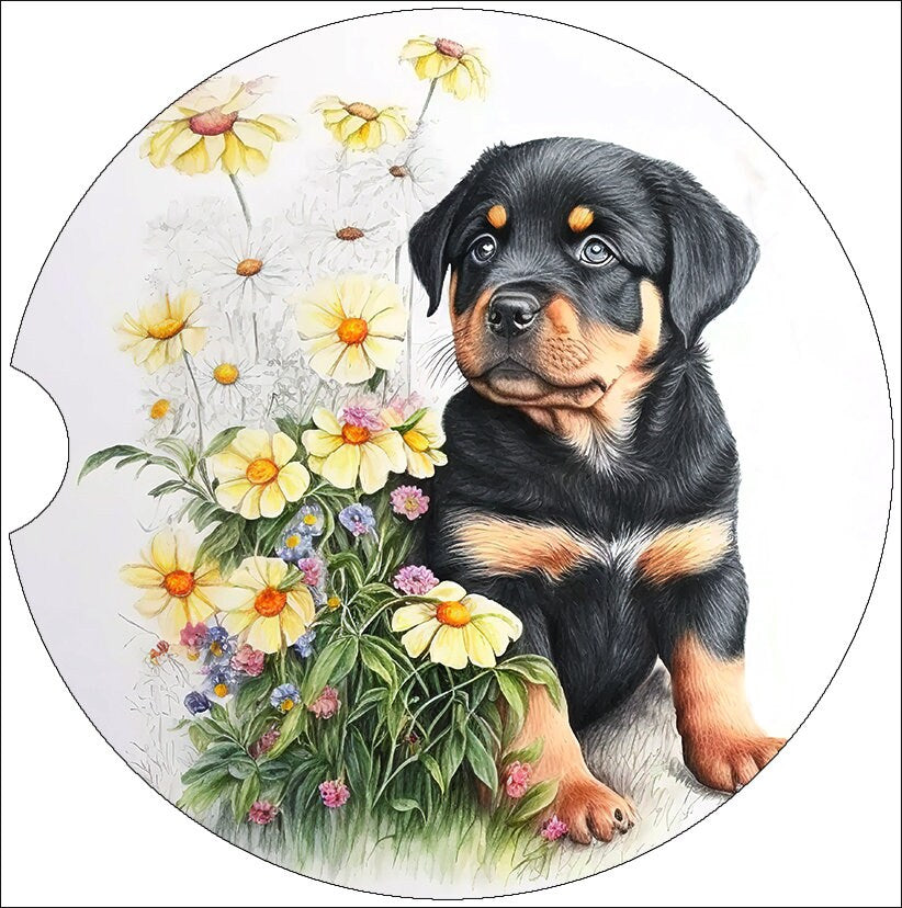 Watercolor Rottweiler Puppy Art Car Coasters - Matching Pair - Set of 2