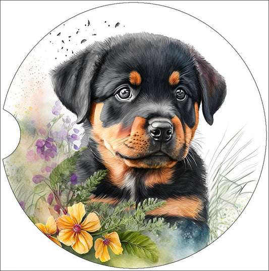Watercolor Rottweiler Puppy Art Car Coasters - Matching Pair - Set of 2