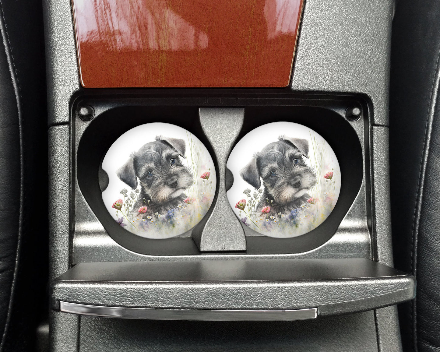Watercolor Schnauzer Puppy Art Car Coasters - Matching Pair - Set of 2
