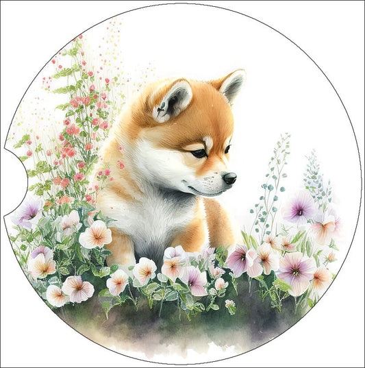 Watercolor Shiba Inu Puppy Art Car Coasters - Matching Pair - Set of 2