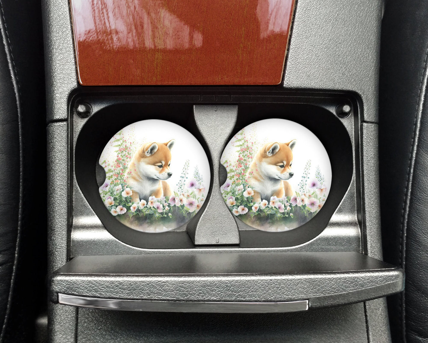 Watercolor Shiba Inu Puppy Art Car Coasters - Matching Pair - Set of 2