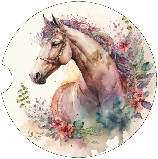 Watercolor Floral Wreath Horse Art Car Coasters - Matching Pair - Set of 2