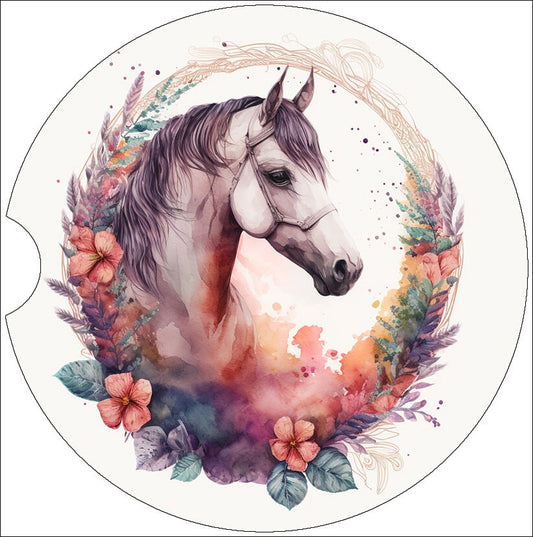 Watercolor Floral Wreath Horse Art Car Coasters - Matching Pair - Set of 2