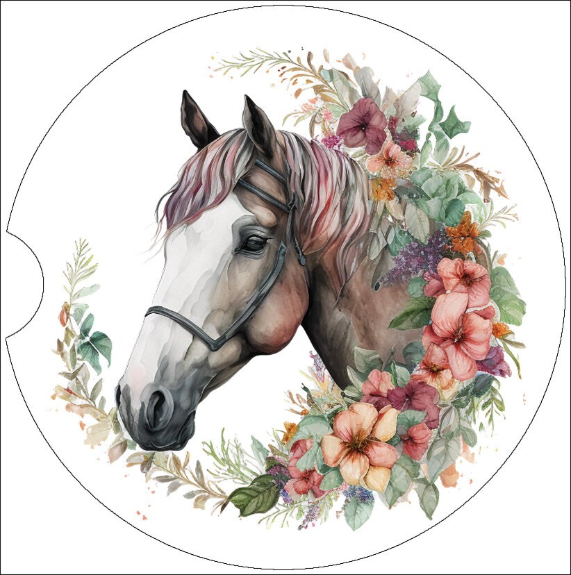 Watercolor Floral Wreath Horse Art Car Coasters - Matching Pair - Set of 2