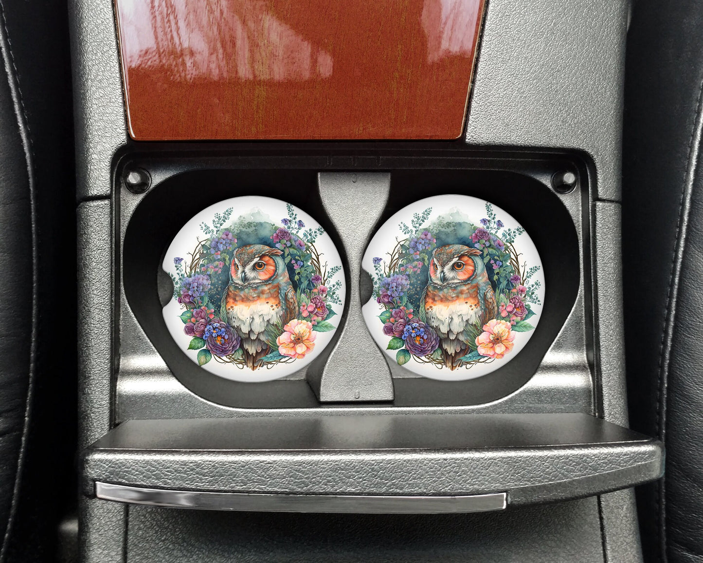 Watercolor Owl Floral Wreath Art Car Coasters - Set of 2
