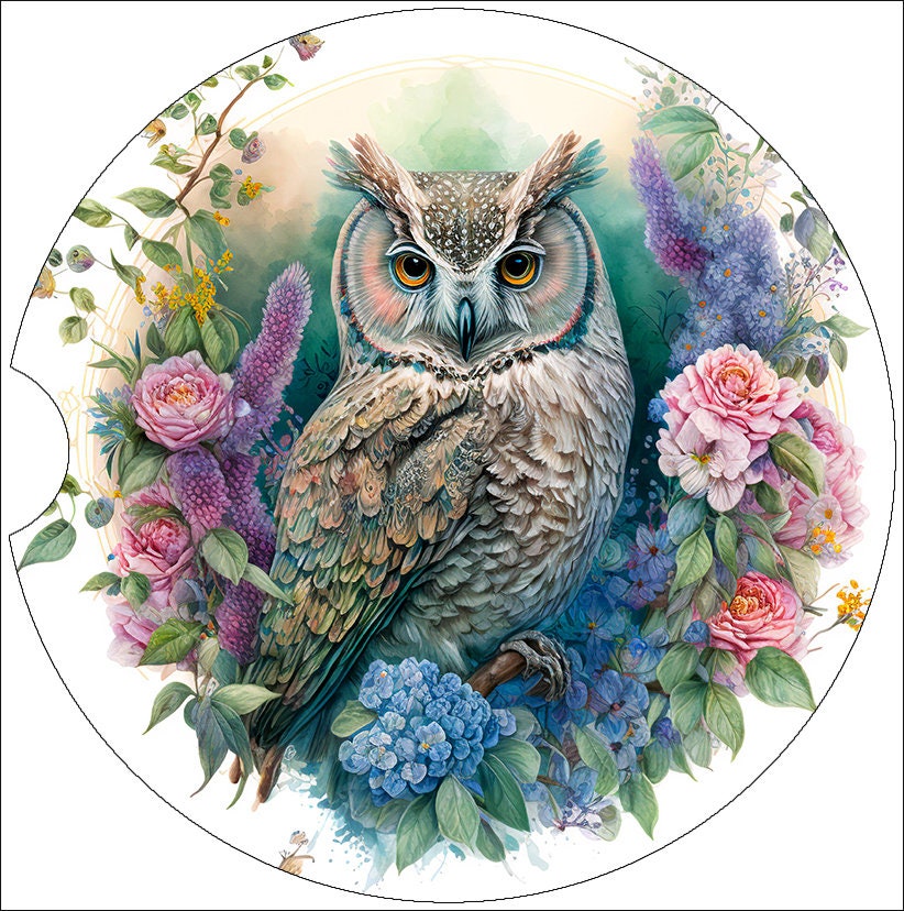 Watercolor Owl Floral Wreath Art Car Coasters - Set of 2