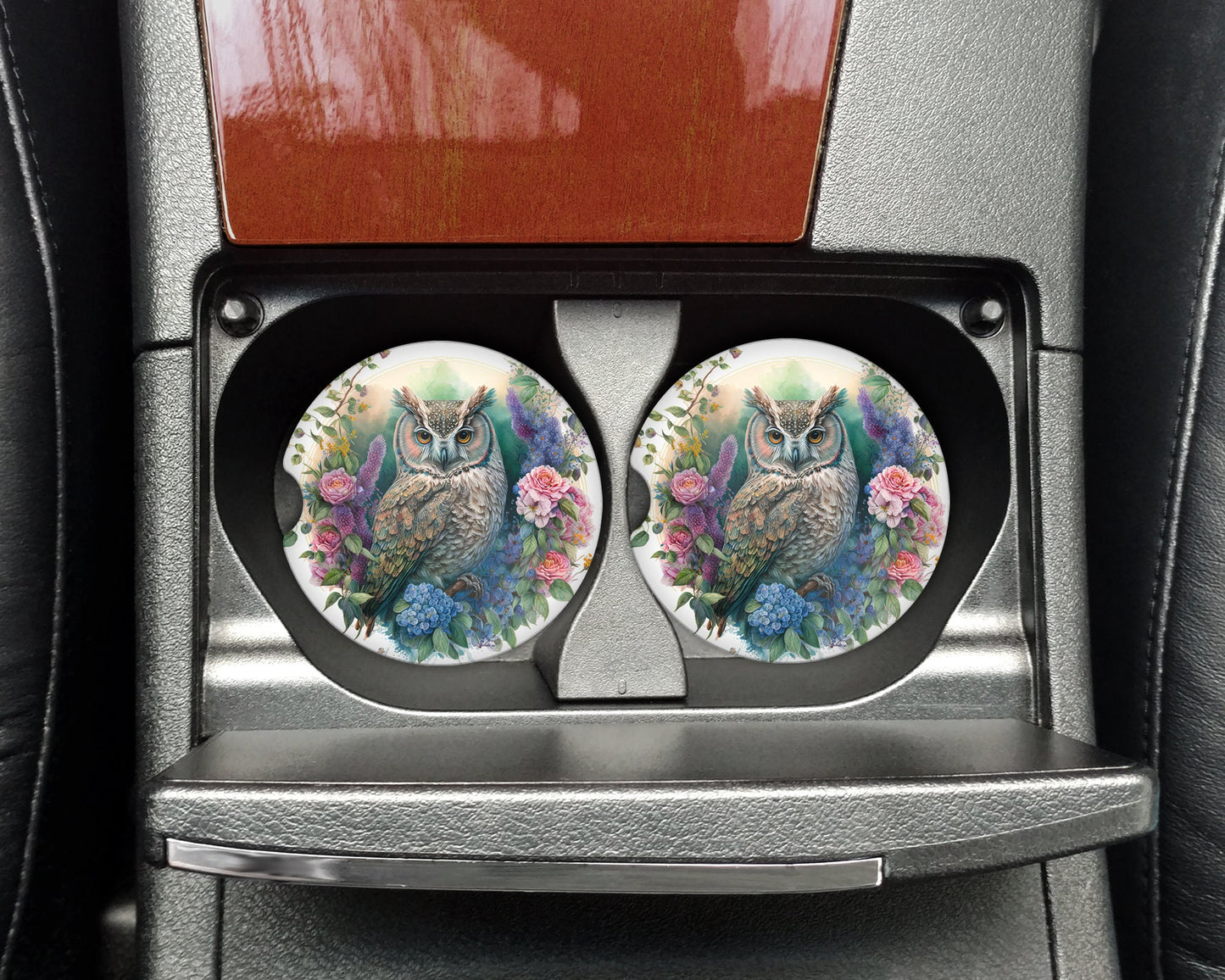 Watercolor Owl Floral Wreath Art Car Coasters - Set of 2