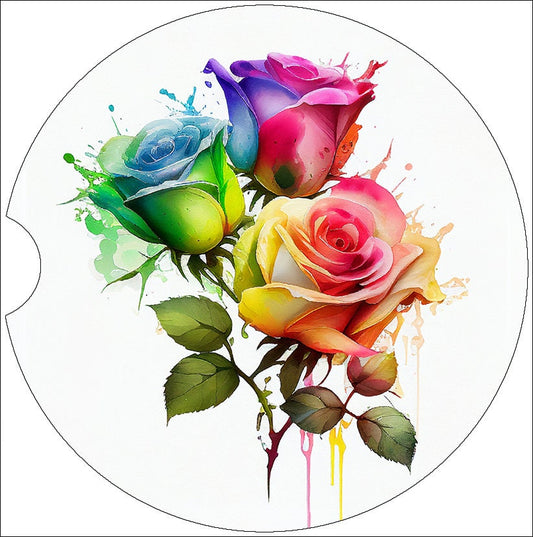 Watercolor Rainbow Roses Art Car Coasters - Matching Pair - Set of 2