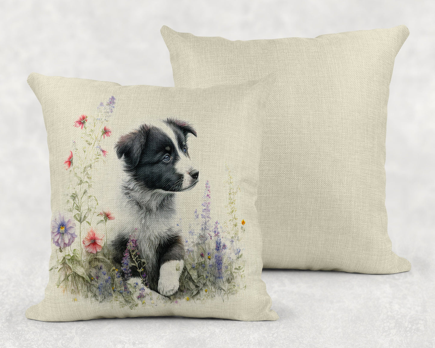 Watercolor Border Collie Puppy Linen Throw Pillow Sham