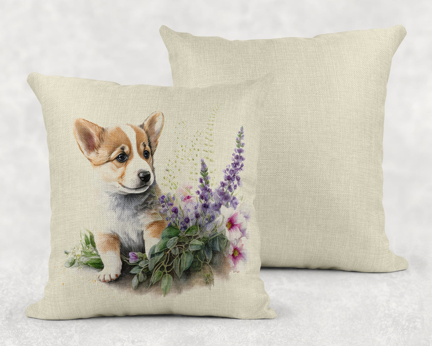 Watercolor Corgi Puppy Linen Throw Pillow Sham