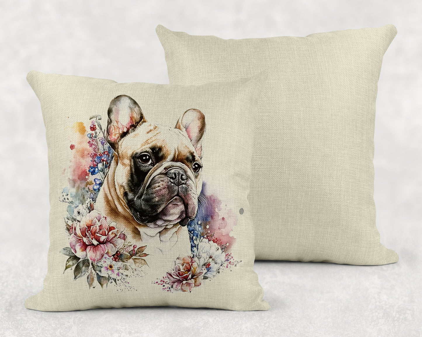 Watercolor Floral French Bulldog Linen Throw Pillow Sham