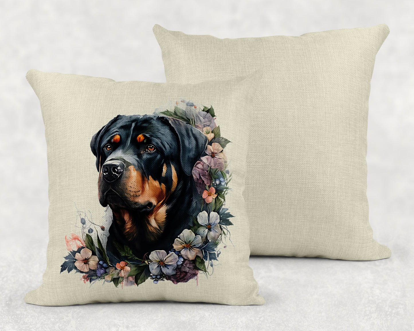 Watercolor Floral Rottweiler Linen Throw Pillow Sham