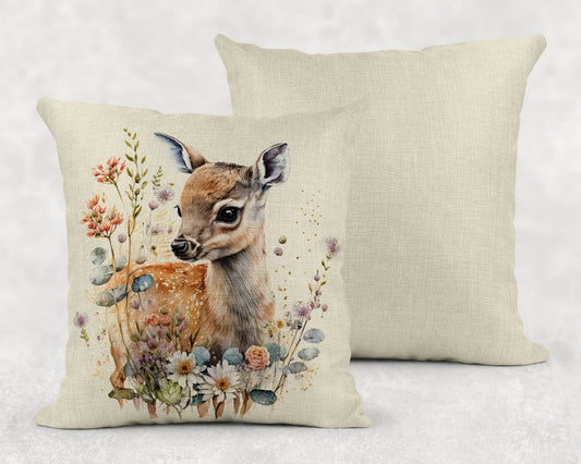 Watercolor Floral Baby Deer Linen Throw Pillow Sham