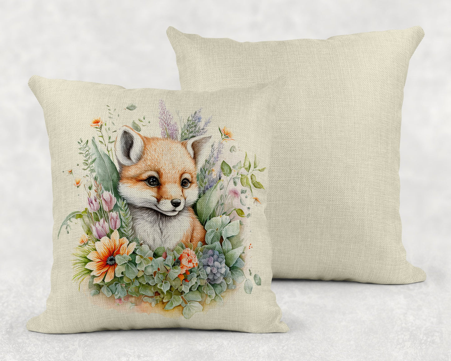 Watercolor Floral Baby Fox Linen Throw Pillow Sham