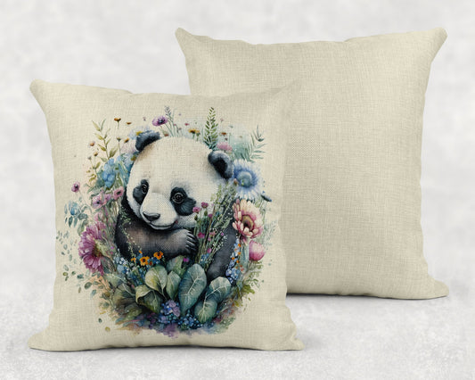 Watercolor Floral Baby Panda Linen Throw Pillow Sham