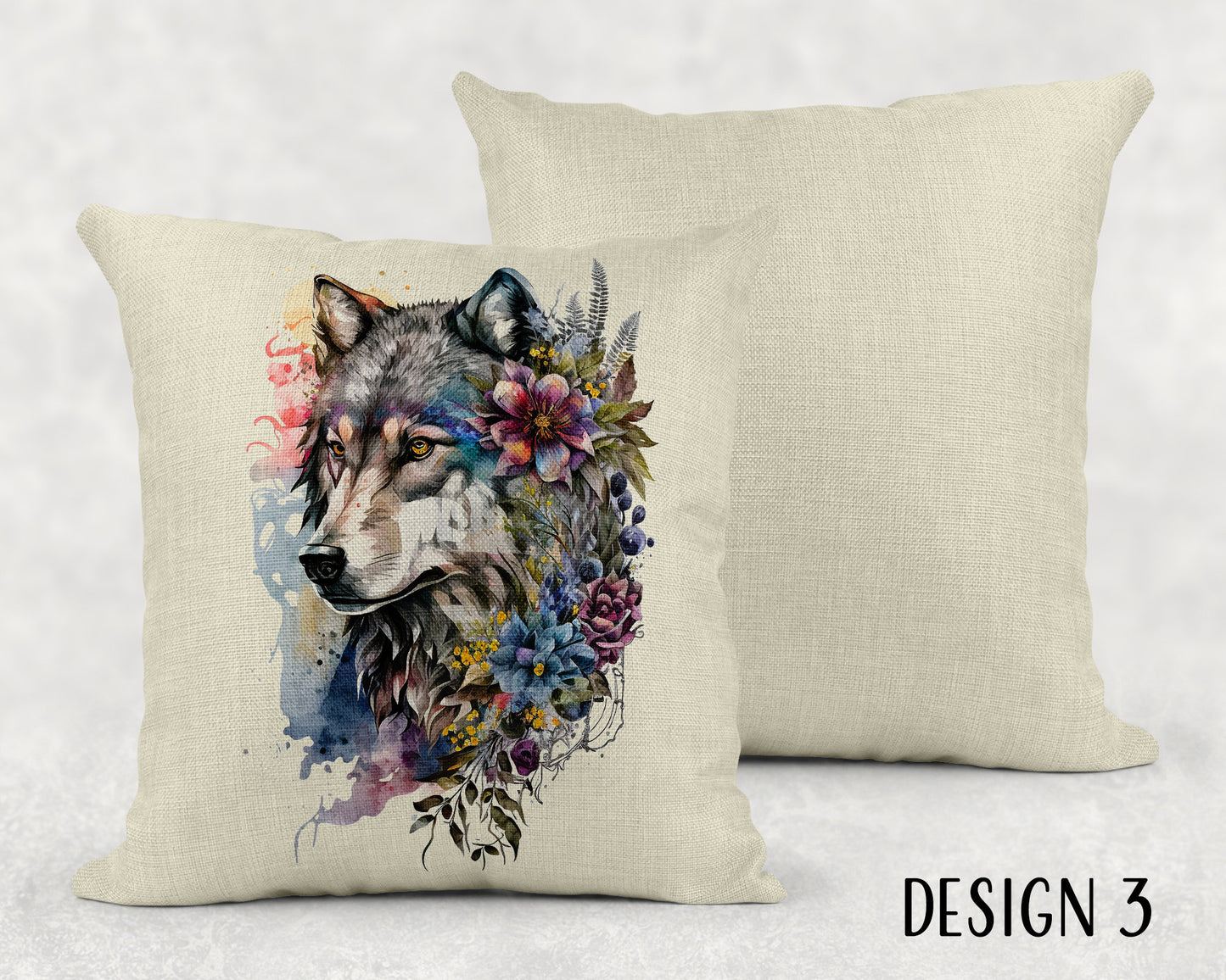 Watercolor Floral Wolf Linen Throw Pillow Sham - 3 Designs