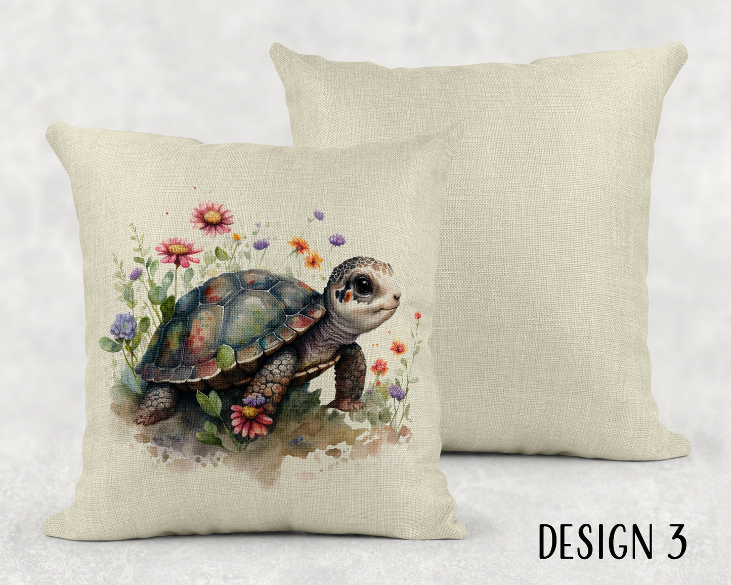 Watercolor Floral Turtles Linen Throw Pillow Sham - 3 Designs