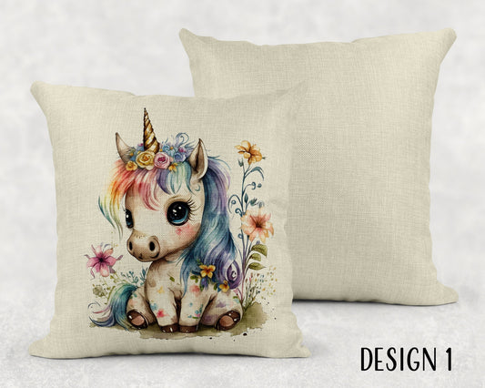 Watercolor Floral Baby Unicorn Linen Throw Pillow Sham - 5 Designs