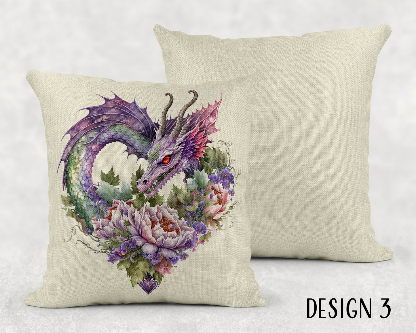 Watercolor Floral Dragon Heart Linen Throw Pillow Sham - 3 Designs