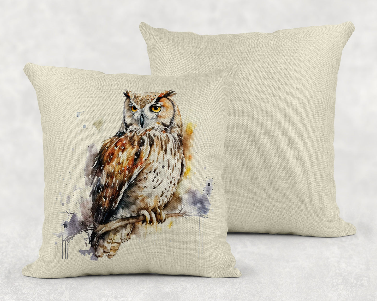 Watercolor Owl on Branch Art Linen Throw Pillow