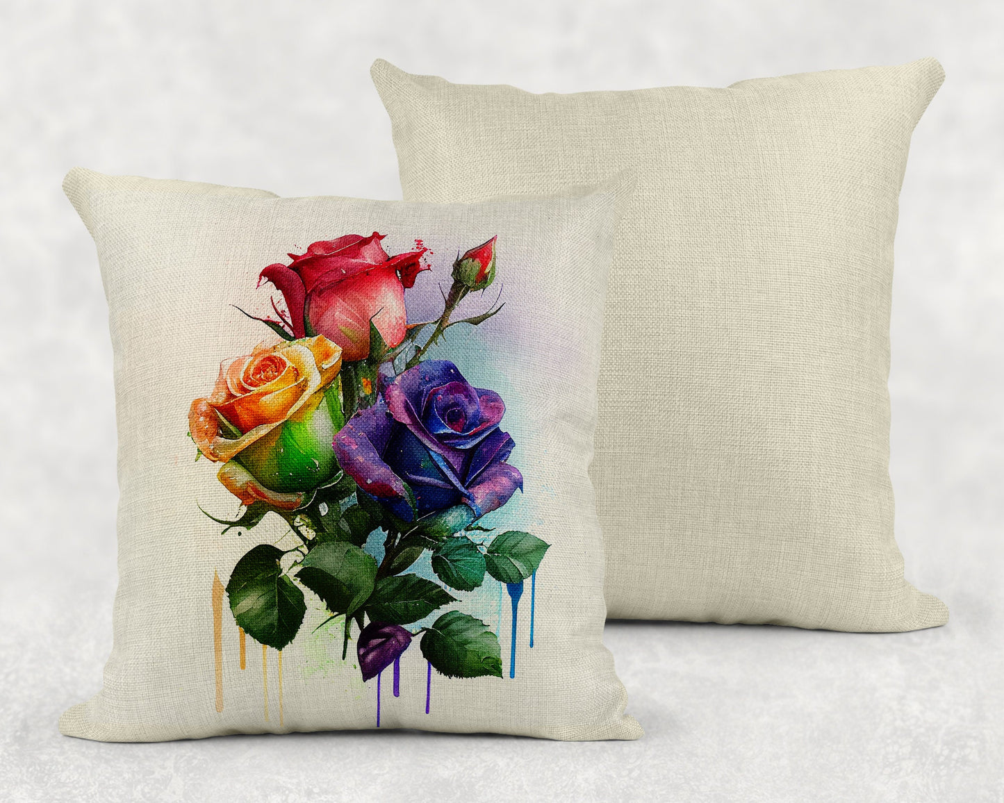 Watercolor Rainbow Roses Art Linen Throw Pillow