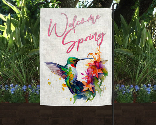 Welcome Spring Hummingbird Art Linen Garden Flag