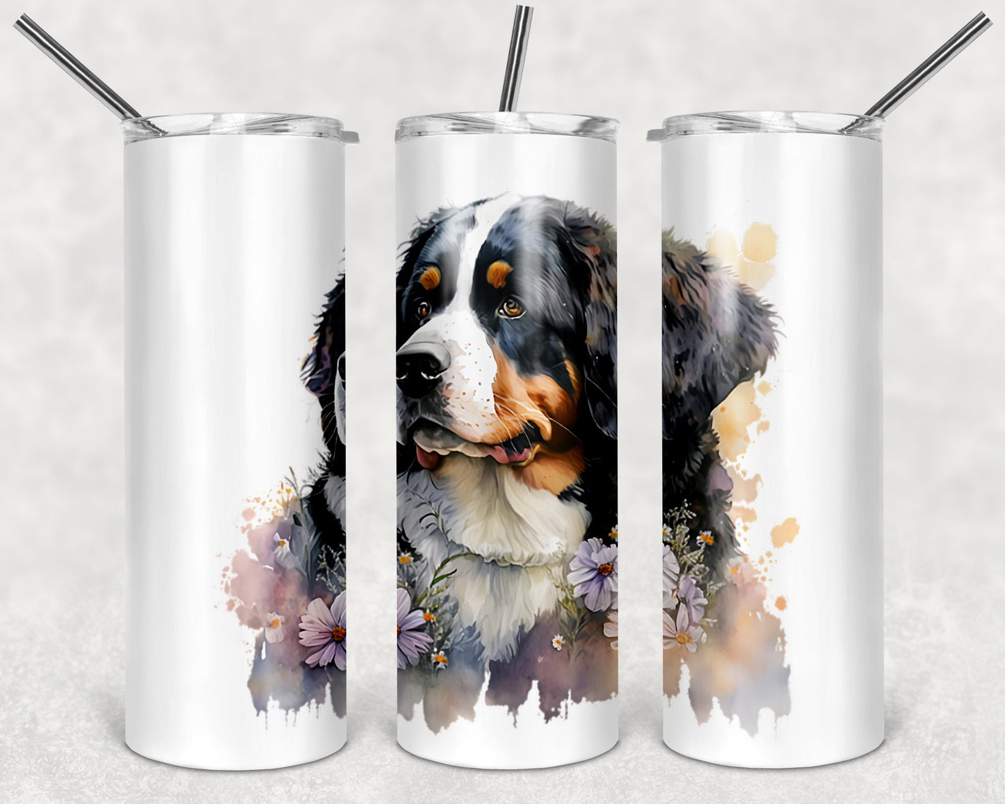 Floral Bermese Mountain Dog Art 20oz Skinny Tumbler - Stainless Steel