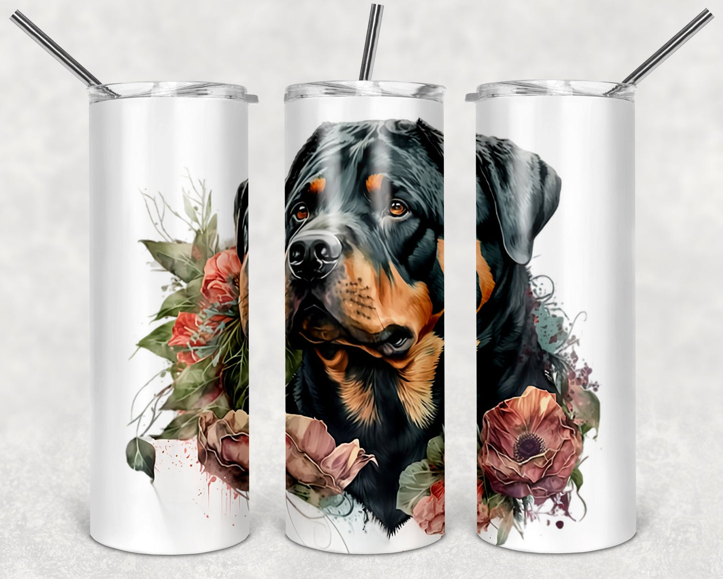 Floral Rottweiler Dog Art 20oz Skinny Tumbler - Stainless Steel