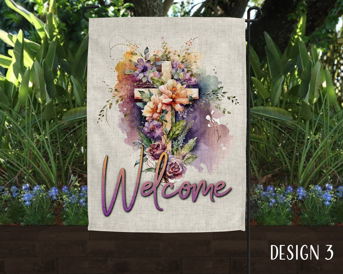 Floral Christian Cross Art Welcome Linen Garden Flag  - 5 Design Choices