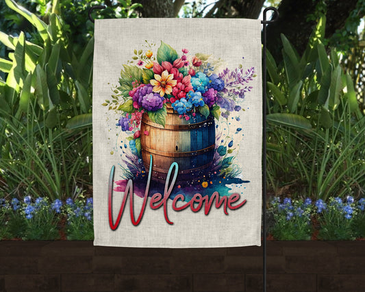 Welcome Floral Barrel Art Linen Garden Flag|Outdoor Decor|Garden Decor|Home Decor