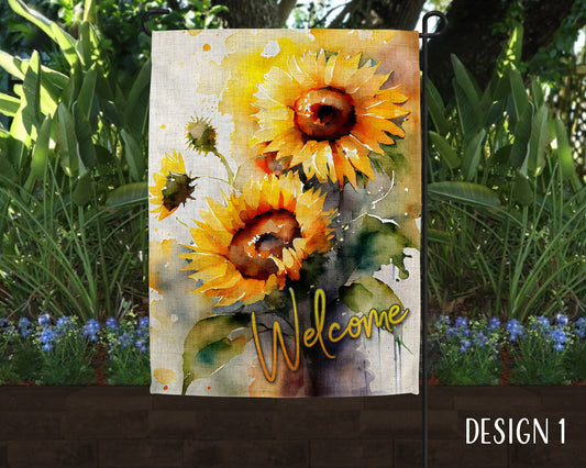 Welcome Watercolor Autumn Sunflower Art Linen Garden Flag  - 2 Design Choices