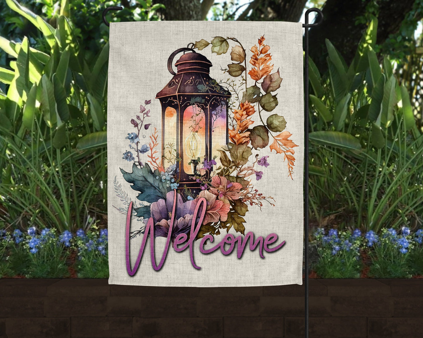 Welcome Floral Lantern Art Linen Garden Flag|Outdoor Decor|Garden Decor|Home Decor