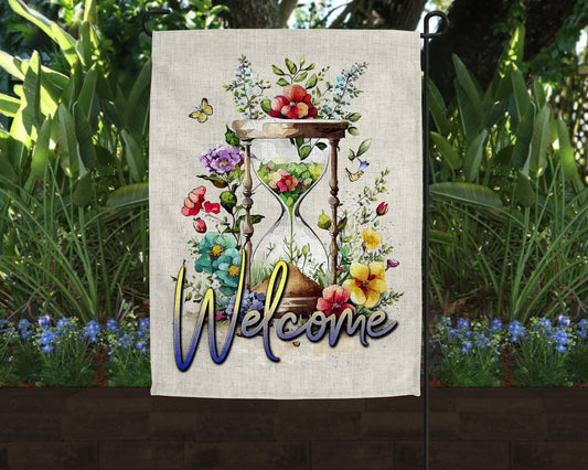 Welcome Floral Hourglass Art Linen Garden Flag|Outdoor Decor|Garden Decor|Home Decor