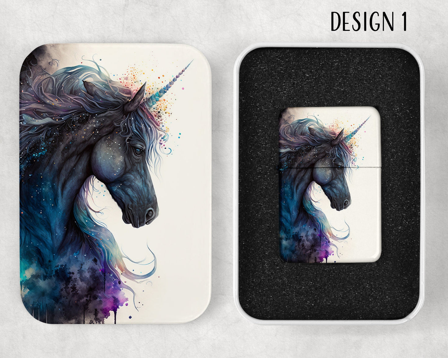Watercolor Black Unicorn Art Flip Top Lighter and Matching Gift Tin - 2 Design Choices
