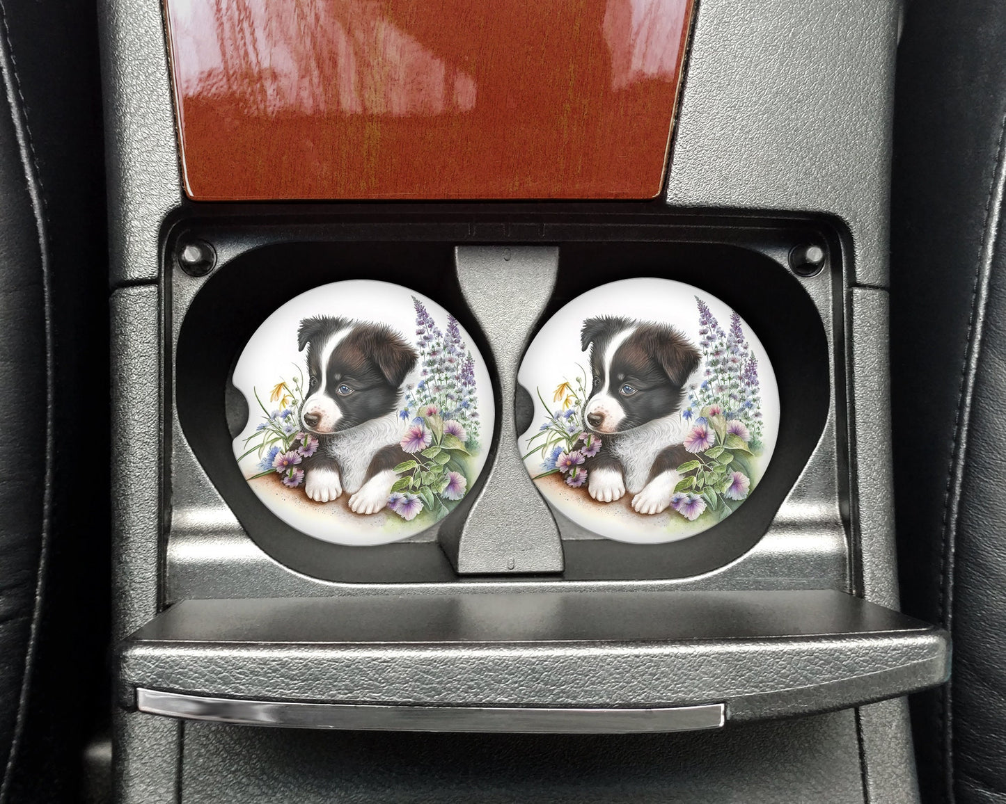 Border Collie Puppy Art Car Coasters - Matching Pair - Set of 2